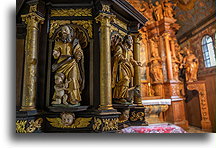 Pulpit with figures of Evangelists::Church of All Saints of Tvrdošín, Slovakia::